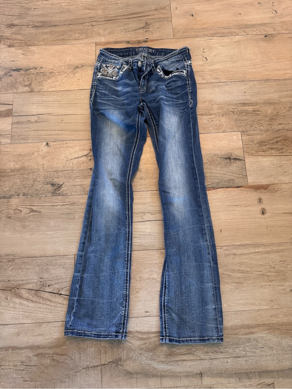 Grace in LA Distressed Dark Blue Flare Jeans
